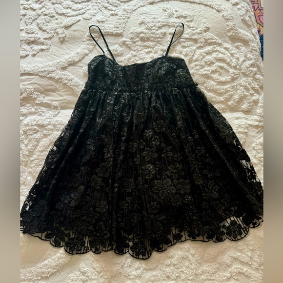 NWT FREE PEOPLE BLACK & SILVER FLORAL LACE BABY-DOLL DRESS SIZE SMALL ORIG $168 - Picture 5 of 7